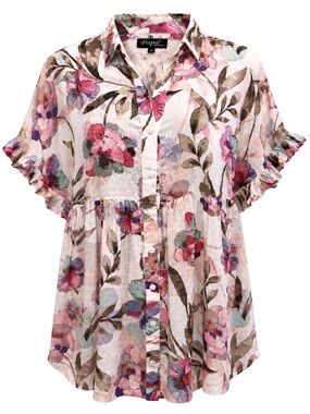 Papa Vancouver Pink Floral Button Front Tunic Top Medium